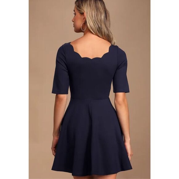 Lulus Womens Scallop Neckline Elbow Sleeve Mini Fit & Flare Dress Size Small NWT - Picture 5 of 12